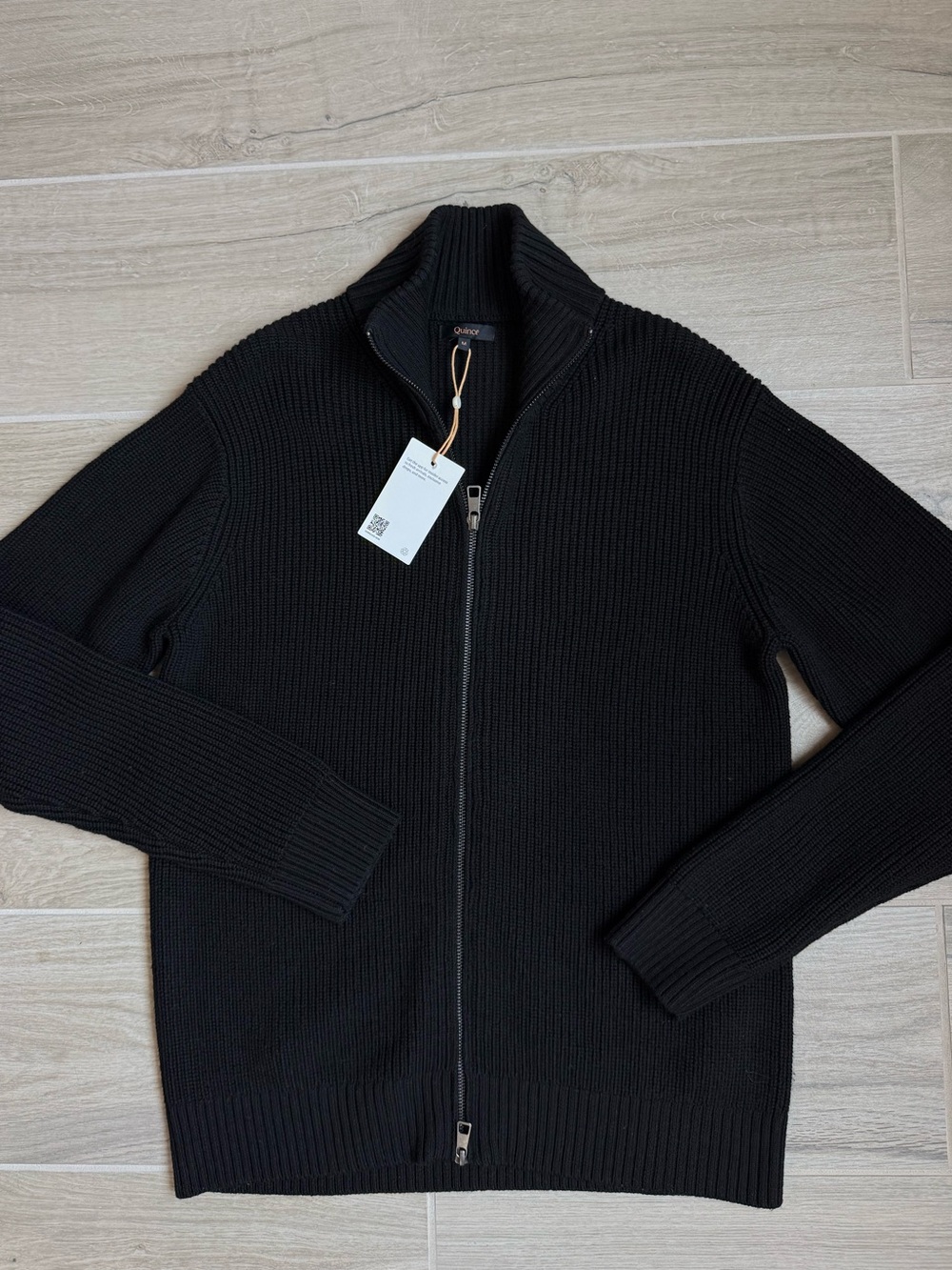 New Quince Mens Medium Black Australian Merino Wool Full Zip Fisherman Sweater - Picture 2 of 8